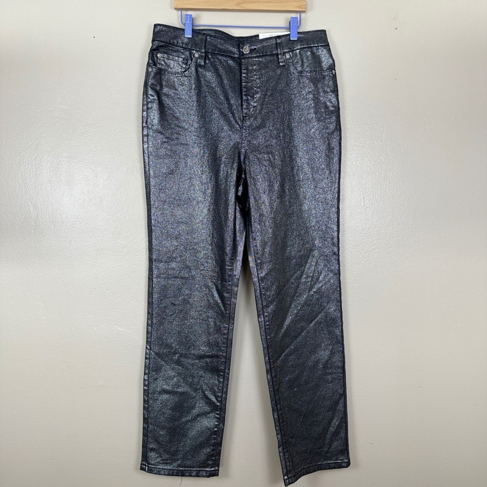 INC Women's 12/31 Straight Leg Jeans Silver Metallic‎ Coated Denim 1001894145